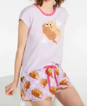 NEW PETER ALEXANDER LILAC OTTER LOVE TEE TOP + SHORTS PJ SET XL RRP$99.90