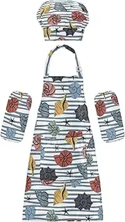AIXIWAWA Kids Apron Chef Hat Set, Child Kitchen Bib Aprons Adjustable for Cooking Baking Painting (Marine Seashells)