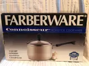 New VTG 3 Quart Covered Saucepan Farberware Connoisseur Non-Stick Tempered Glass