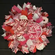 Valentine's Day Wreath XL Handmade 24 Inch Deco Mesh Pink & Red Bakery Theme
