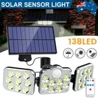 Solar Motion Sensor Light 3 Head Security Flood Lamp 138LEDs Outdoor Garden Wall