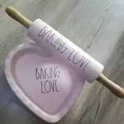 RAE DUNN Baking Love LARGE pink heart baking dish pan & rolling pin set, RARE