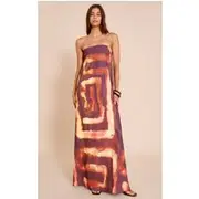 Deep Orange Tie Dye Print Floaty Woven Bandeau Maxi Dress, Deep Orange