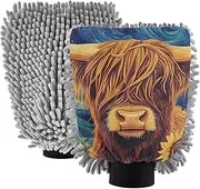 XYMZR Absorbent Microfiber Car Wash Mitt Highland Cow Starry Night, Funny Cute Anime Scratch Free for Cars Cleaning, Home Cleaning Mitts, 2 Pack, 10.24” L x 7.09” W