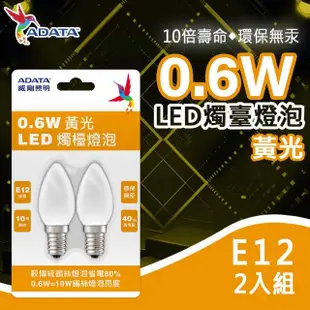 【ADATA 威剛】0.6W LED 燭檯燈泡 2入 E12接頭 環保無汞 省電 神明燈(符合CNS國家標準 節能 省電)