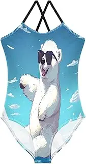 [RPLIFE] Cartoon Polar Bear Girls 1 Piece Swimsuit, Beach Apparel 3-10 Y with Adjustable Shoulder Strap, 3-10 Y