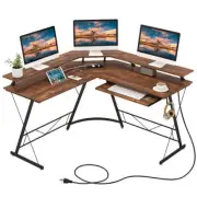 L-shaped Computer Desk with Power Outlet and Monitor Stand-Rustic Brown - Color: