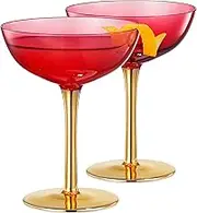 Colored Coupe Art Deco Glasses, Gold | Set of 2 | 7.1 oz Holiday Cocktail Glassware for Champagne, Martini, Manhattan, Sidecar, Crystal Speakeasy Style Goblets Stems, Vintage Christmas Red Fall Winter
