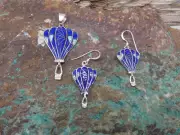 Hot Air Balloon 925 Sterling Silver Dark Blue Lapis Opal Pendant & Earrings Set