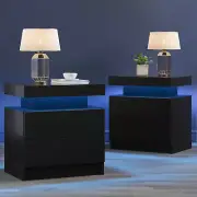 Black Nightstand LED Set of 2 Black Bedside Table LED Night Stand with LED Light