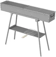 ALSTON Portable Charcoal Grill Rectangular Folding Stainless Steel BBQ Grill L100xW18cm For Skewer and Kebabs with Storage Shelf Outdoor Camping Patio Cooking