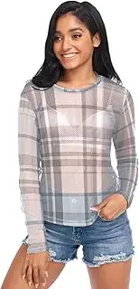 [ODAWA] Gray Plaid Long Sleeve Sheer Blouse See Through Tee Blouse Workout Tops Hoodies, Gray Plaid, Small