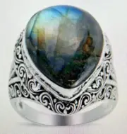 BALI LEGACY Malagasy Labradorite (Pear 20x15 mm)Solitaire Ring11 Sterling Silver