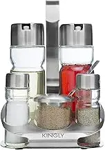 Oil and Vinegar Salt & Pepper Cruet Set (6 Piece) Durable Glass Stainless Steel Bottle Set with Caddy