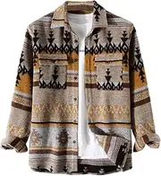 [VIEWON] Men's Casual Aztec Print Button Down Woolen Long Sleeve Lightweight Lapel Western Shacket Jacket Coat