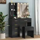 Large Black Dressing Table Stool Set with LED Lighted Mirror Vanity Make up Desk