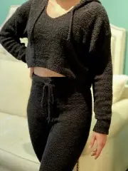 WOMAN'S SOLID BLACK FLUFFY LOUNGE SET HOODIE TOP HIGH WAIST PANTS SET COZY SET