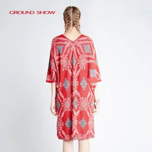 閣蘭秀夏季新款V領蝙蝠袖棗紅色提花針織連衣裙商場同款女裝