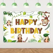 Fangleland Monkey Happy Birthday Backdrop 5 x 3 ft, Monkey Theme Party Decorations Photo Background for Forest Animals Birthday Baby Shower Party Supplies