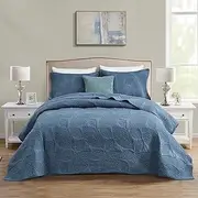 CHIXIN Botanical Cotton Quilt King Size - Real Stitching Leaf Pattern - Quilted Bedspread Coverlet Set, Ultra Soft, Lightweight, Reversible, 3 Piece, Navy Blue