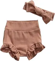 [GOOCHEER] 2Pcs Newborn Infant Baby Girl Solid Ruffle Bloomer Shorts +Headband Basic Cute Short Pants Summer Outfits