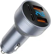 126W USB C Car Charger, 4-Port 2 USB PD 3.0 + 2 USB QC 3.0 Car Charger, Metal USB C Cigarette Lighter USB C Adapter with LED Voltmeter DC12-24V for Android, Tablet and All Smartphones (Grey)