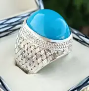 Natural Big Turquoise Unique Frame Men's Style Silver Sterling 925 Ring