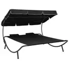 Outdoor Reclining Double Chaise Lounge Bed Chair Patio Furniture W/ Canopy Black