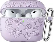 [WJK] Compatible with Apple Airpods Pro 2nd Generation Charging Case, Soft Silicone Flower Engraved Protector with Keychain for AirPods Pro Case 2nd/Airpod Pro Case, Front LED Visible, Lavender