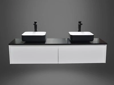 Bathroom Vanity 1500mm Polyurethane Wall Hung Stone Benchtop & Black Stone Basin