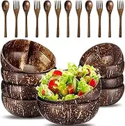 Polished Coconut Shell Bowls - Set of 2 Coconut Bowls & Spoons, Hand Made Coconut Bowl Set,Smoothie Bowls Dessert Fruit Salad Mixing Bowl Rice Ramen Bowl Vegan Gifts (2)