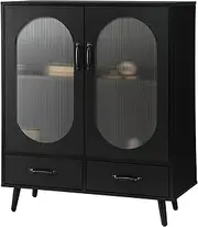 OIKITURE Sideboard Buffet Cabinet - with Fluted Doors, 2 Shelves 2 Drawer, Multi-Storage Cupboard for Kitchen Living Room Dining Room, Coal Black