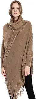 [HEYDHSDC] Women Knit Warm Batwing Cape Tassels Turtleneck Pullover Poncho Cloak Jacket Coat Autumn Winter Outwear