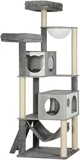 i.Pet 178cm Cat Tree, Cats Scratching Post Multi-Level Tower Pet Scratcher Climbing Trees Posts Indoor Kittens Wooden Play House Kitty Activity Center, with Plush Cover Condo Hammcok Bed Grey
