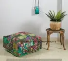 Vintage square 24" Green cotton Embroidered Patchwork Ottoman Pouf Cushion cover