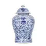 Blue And White Porcelain Double Happiness Floral Temple Jar