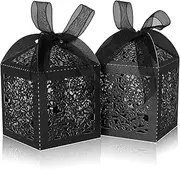 DOYIDE 50pcs Laser Cut Favor boxes, Wedding Favors Candy Boxes with Ribbons and Tags, Small Gift Boxes for Wedding,Party,Baby Shower,Bridal Shower (50-2x2x2.76, Black)
