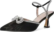 [Joseywade] Rhinstone Bow Heels Low Kitten Heel Double Bow Pumps Pointed Toe Women Slingback Adjustable Ankle Strap Shoes for Wedding Bridal Bridesmaid