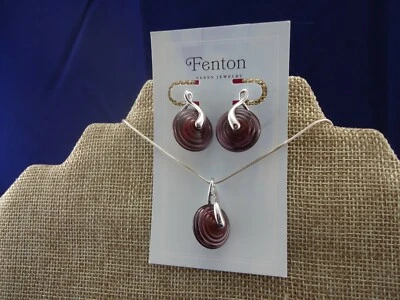 Fenton Glass Necklace & Earrings Set Sterling Silver Paper Lantern Design