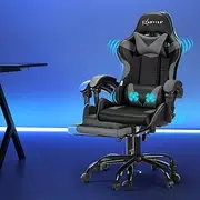 Artiss Massage Gaming Chair, PU Leather 2 Point Ergonomic Office Computer Desk Recliner Chairs Armchair for Room Executive Home, with Retracted Padded Footrest 360° Rotatable Height Adjustment Grey