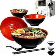 4 set (16 piece) Ramen Bowl Set, Asian Japanese Style with Spoons Chopsticks and Stands, Restaurant Quality Melamine, Large 32 oz for Noodles, Pho, Noodle, Udon, Thai dinnerware for any Soup Meal Black/Red