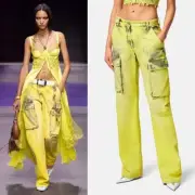 27 NEW $1675 VERSACE RUNWAY Woman's Acid Yellow Bleach Denim Cargo Pocket JEANS