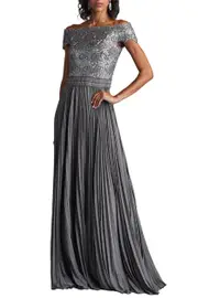 [TADASHI] BODE SEQUIN EMBROIDERED LACE AND TULLE GOWN US 14 GREY