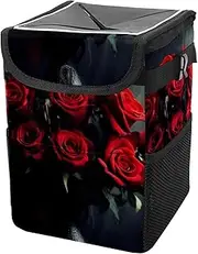 Car Trash Can with Lid and Storage Pockets Leak-Proof Organizer,Multipurpose Trash Bin for Car,Flower Red Rose