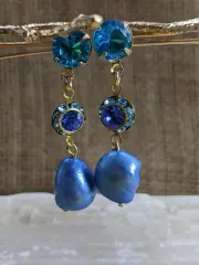 Genuine Swiss Blue Topaz 2 Carats, Flower, And Baroque Pearl Drop Earrings