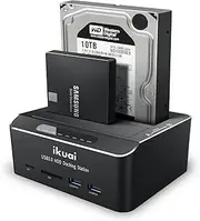 ikuai SATA to USB 3.0 Dual Bay Hard Drive Dock for 2.5"/3.5" SATA HDD SSD with SD TF Card Reader 2 USB 3.0 Port and Offline Clone Function External Hard Drive Docking Station (2X20TB and UASP Support)