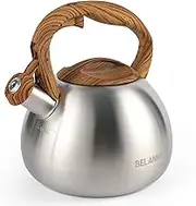 Tea Kettle, BELANKO 102 OZ / 3 Liter Whistling Tea Kettle, Tea Pots for Stove Top Food Grade Stainless Steel with Wood Pattern Handle, Loud Whistle Kettle for Tea, Coffee, Water, Milk - Silver