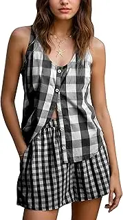 [Burtell] Summer Gingham 2 Piece Lounge Sets For Women Button Down Sleeveless Tank Tops Boxer Shorts Sets Matching Pajama Sets