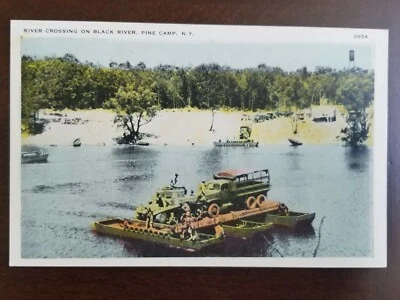 WWII Pine Camp NY US Army Armored Vehicles Raft Crossing Black River Postcard PC