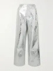 [ROTATE Birger Christensen] ROTATE Birger Christensen - Rotie Metallic Croc-effect Coated Faux Leather Wide-leg Pants - Silver - DK42 DK 42 Silver